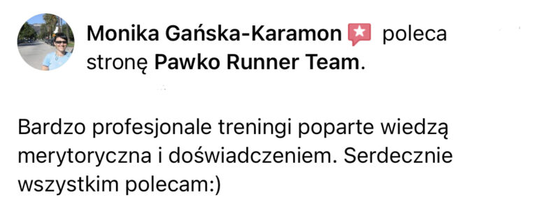 Opinia z Facebooka o treningach Pawko Runner Team