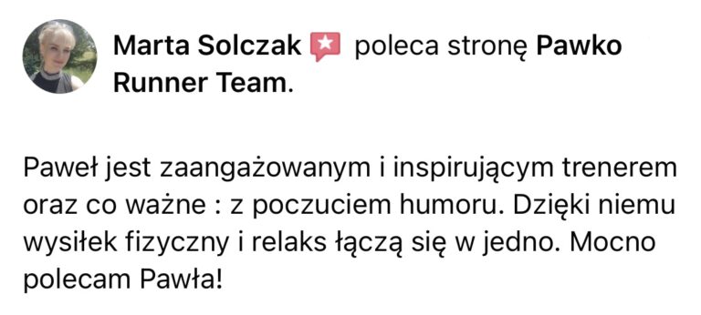 Opinia z Facebooka o treningach Pawko Runner Team