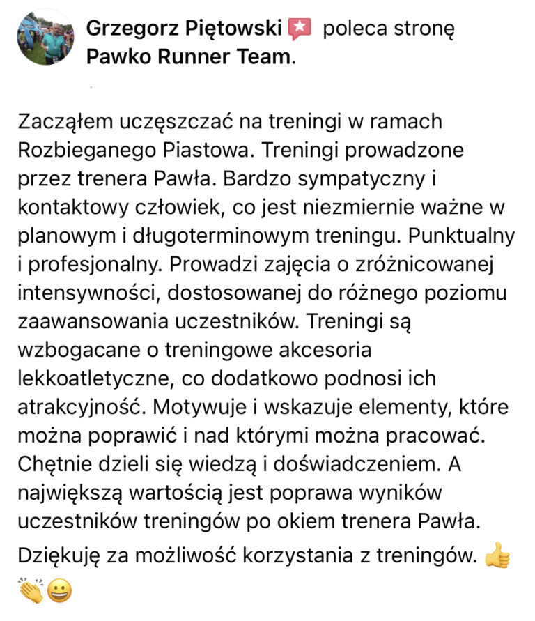 Opinia z Facebooka o treningach Pawko Runner Team