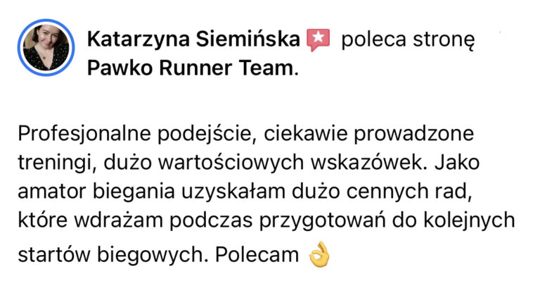 Opinia z Facebooka o treningach Pawko Runner Team