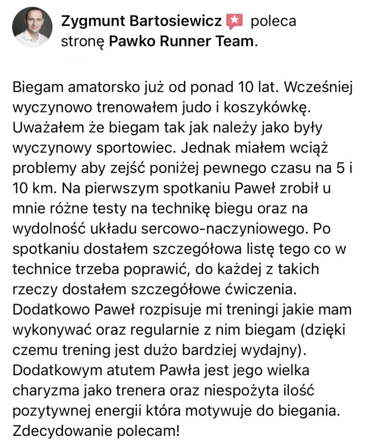 Opinia z Facebooka o treningach Pawko Runner Team