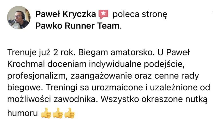 Opinia z Facebooka o treningach Pawko Runner Team