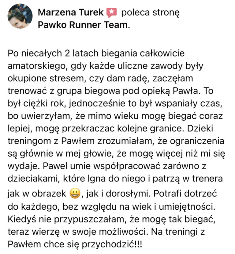 Opinia z Facebooka o treningach Pawko Runner Team