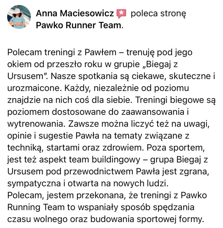 Opinia z Facebooka o treningach Pawko Runner Team