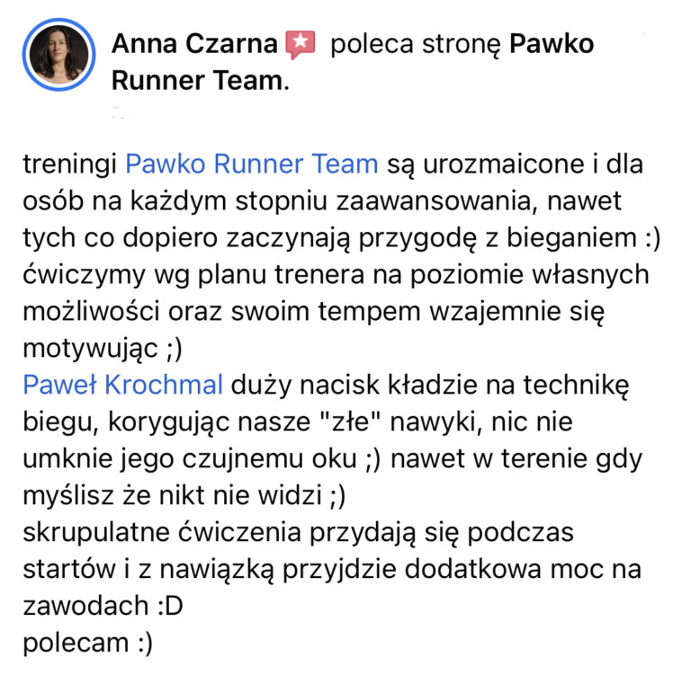 Opinia z Facebooka o treningach Pawko Runner Team
