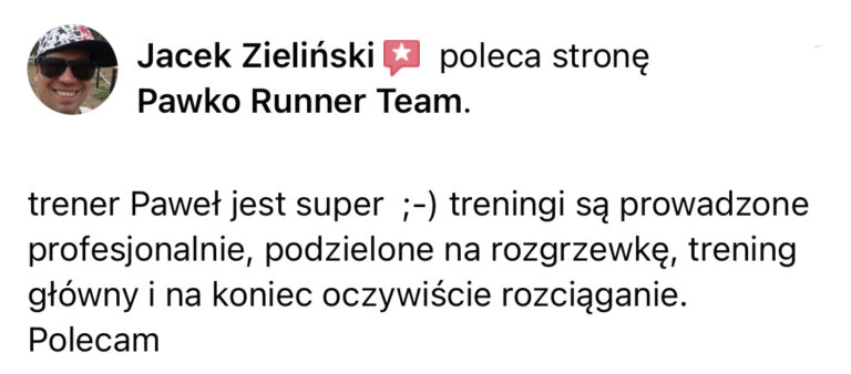 Opinia z Facebooka o treningach Pawko Runner Team