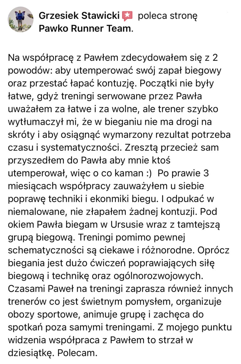 Opinia z Facebooka o treningach Pawko Runner Team