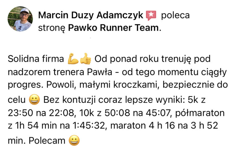 Opinia z Facebooka o treningach Pawko Runner Team