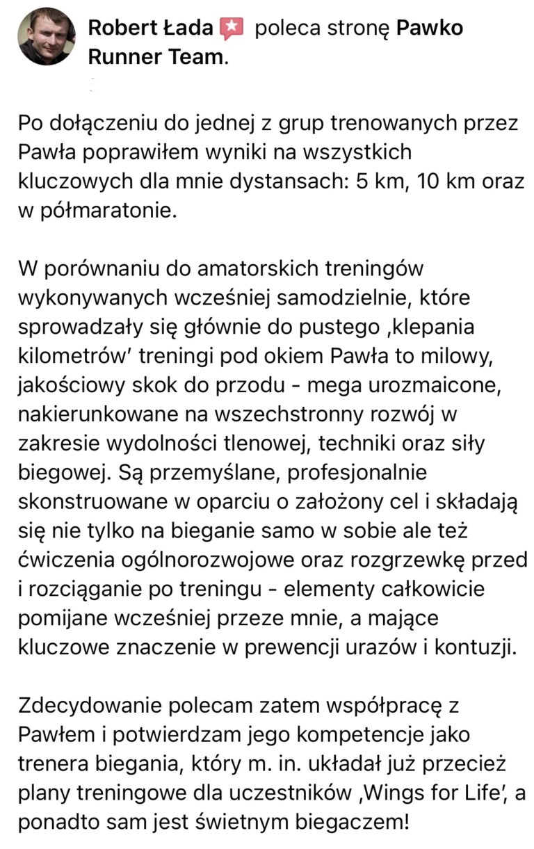 Opinia z Facebooka o treningach Pawko Runner Team