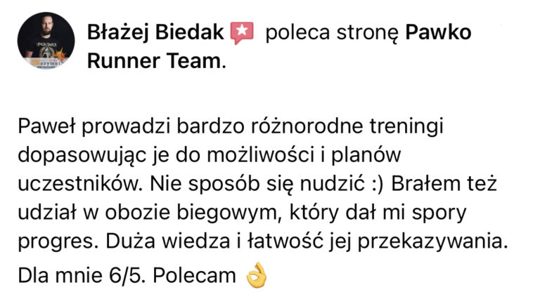 Opinia z Facebooka o treningach Pawko Runner Team