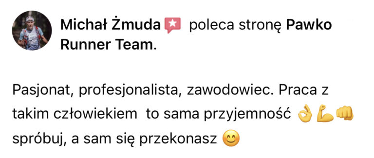 Opinia z Facebooka o treningach Pawko Runner Team