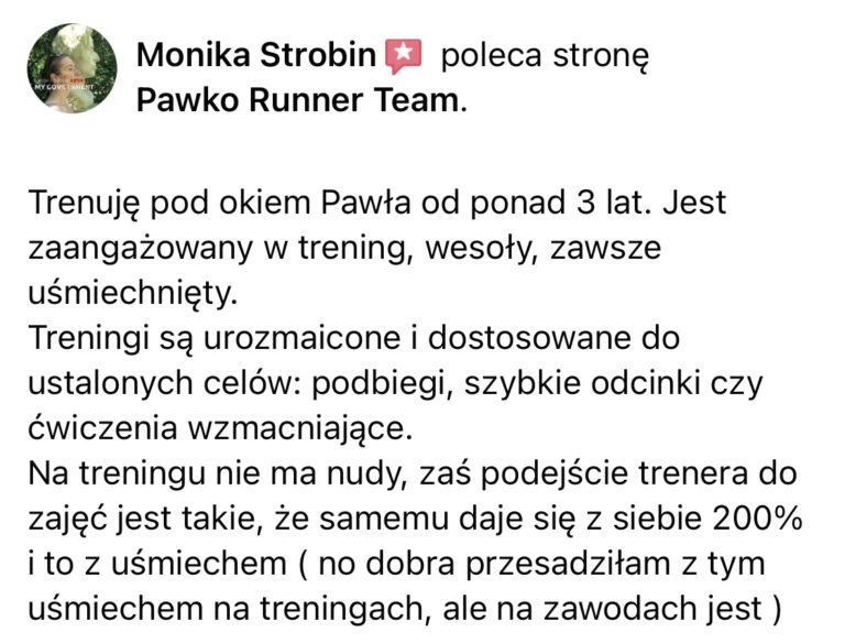 Opinia z Facebooka o treningach Pawko Runner Team