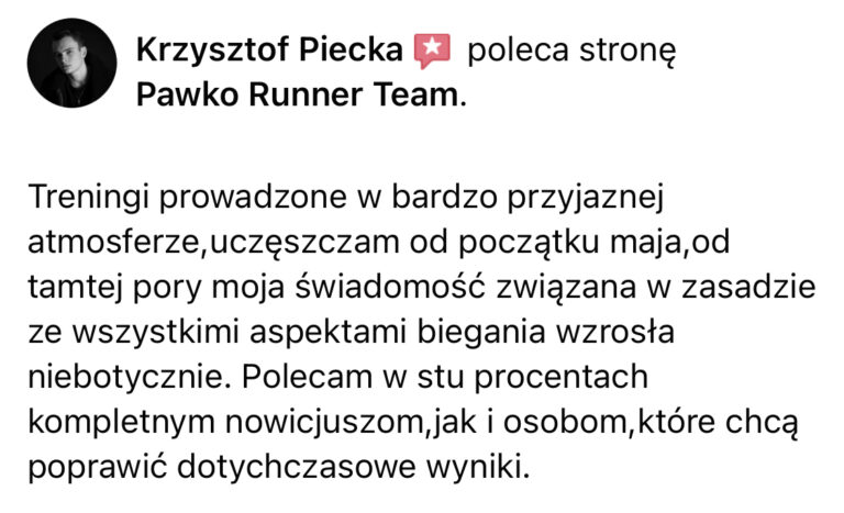 Opinia z Facebooka o treningach Pawko Runner Team