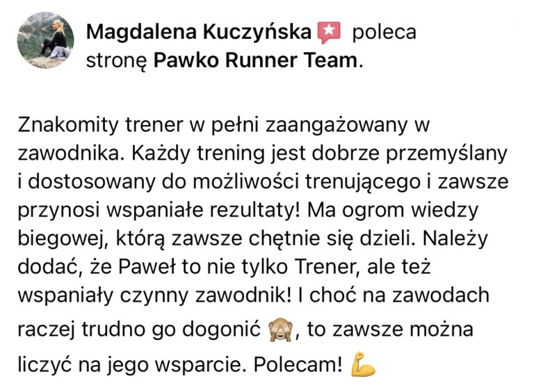 Opinia z Facebooka o treningach Pawko Runner Team
