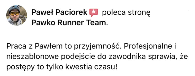 Opinia z Facebooka o treningach Pawko Runner Team