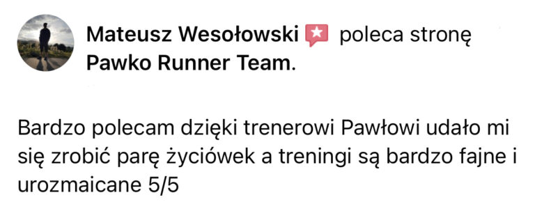 Opinia z Facebooka o treningach Pawko Runner Team