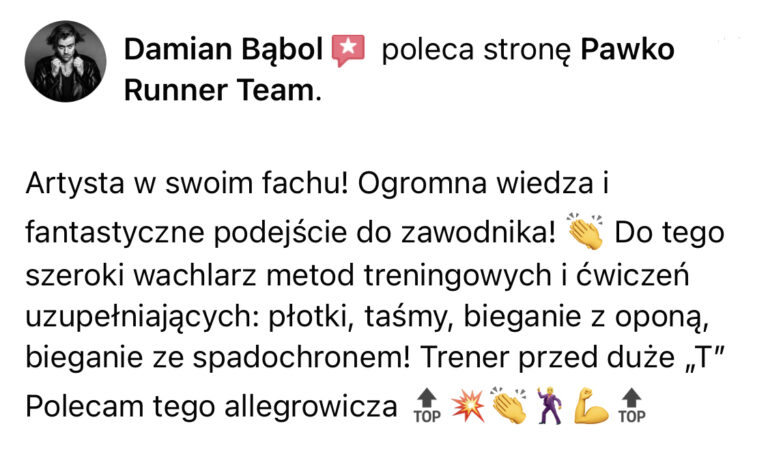Opinia z Facebooka o treningach Pawko Runner Team