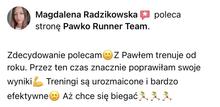 Opinia z Facebooka o treningach Pawko Runner Team
