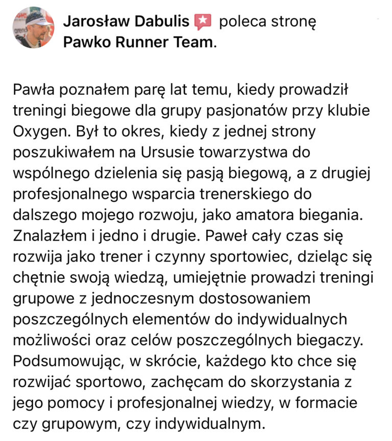 Opinia z Facebooka o treningach Pawko Runner Team