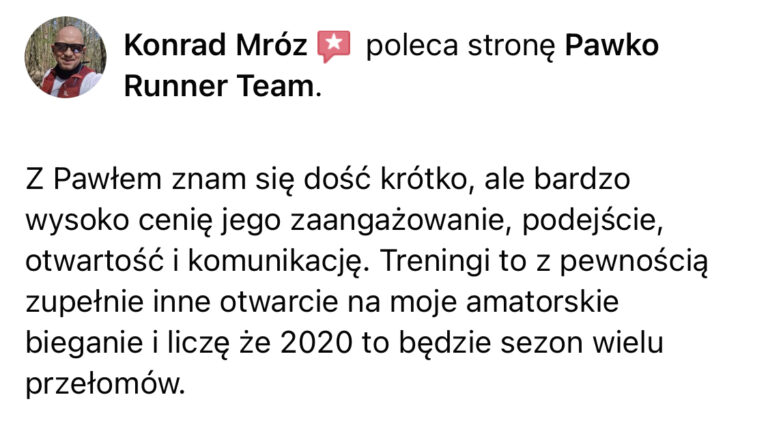 Opinia z Facebooka o treningach Pawko Runner Team