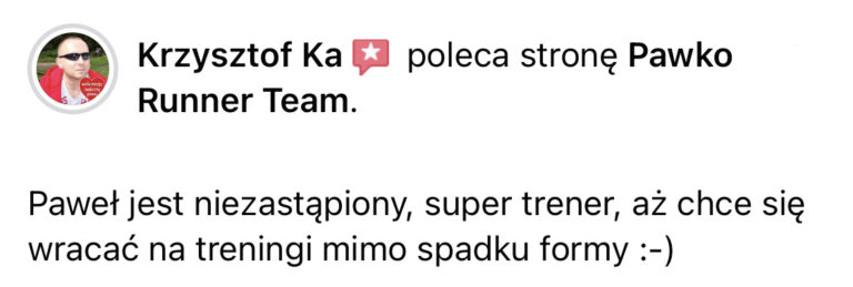 Opinia z Facebooka o treningach Pawko Runner Team