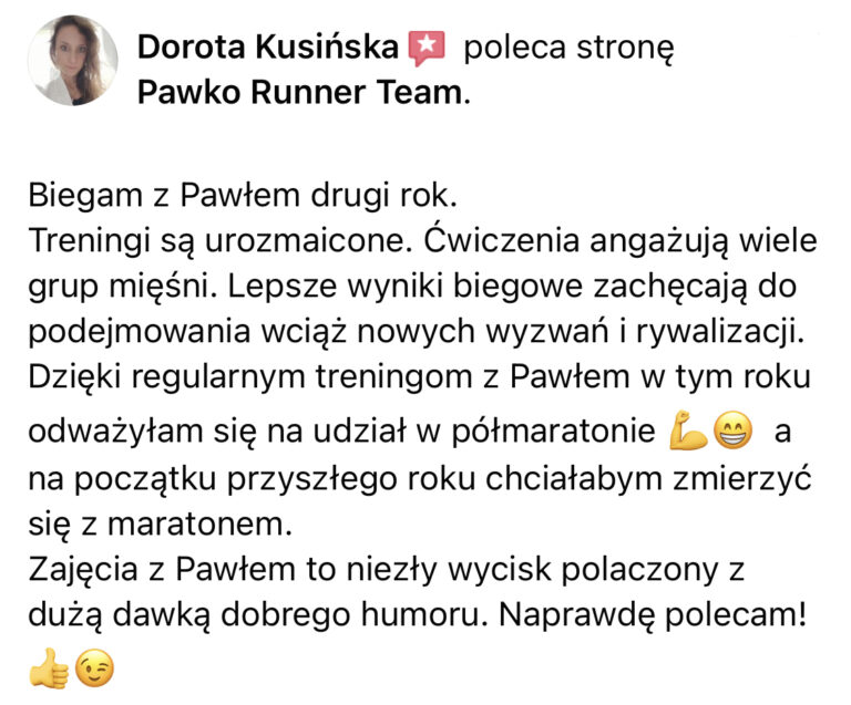 Opinia z Facebooka o treningach Pawko Runner Team