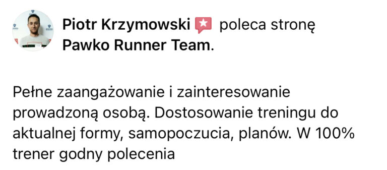 Opinia z Facebooka o treningach Pawko Runner Team