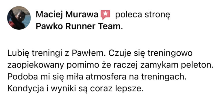 Opinia z Facebooka o treningach Pawko Runner Team