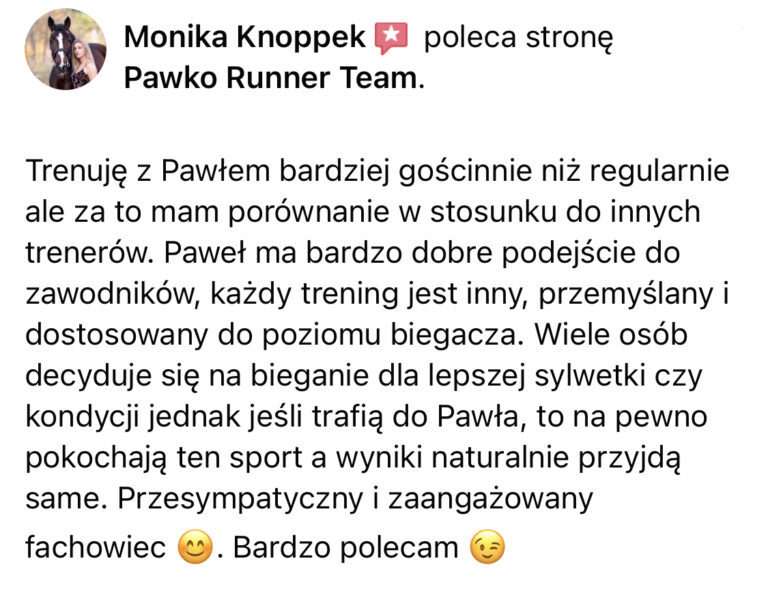 Opinia z Facebooka o treningach Pawko Runner Team
