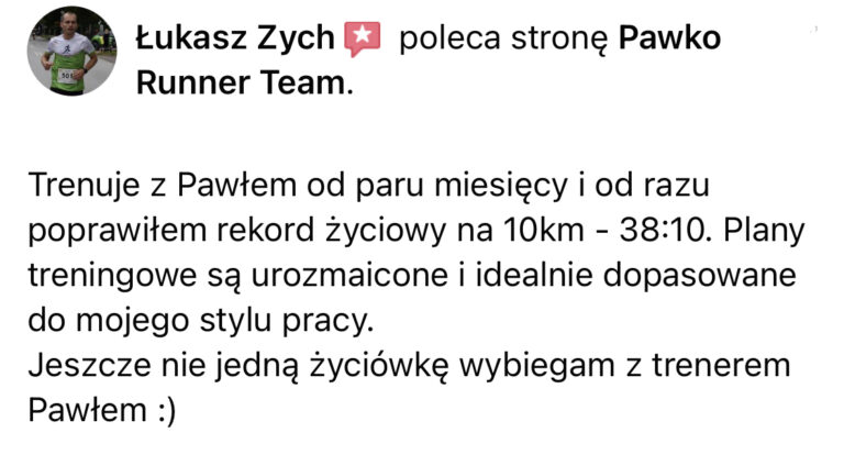 Opinia z Facebooka o treningach Pawko Runner Team