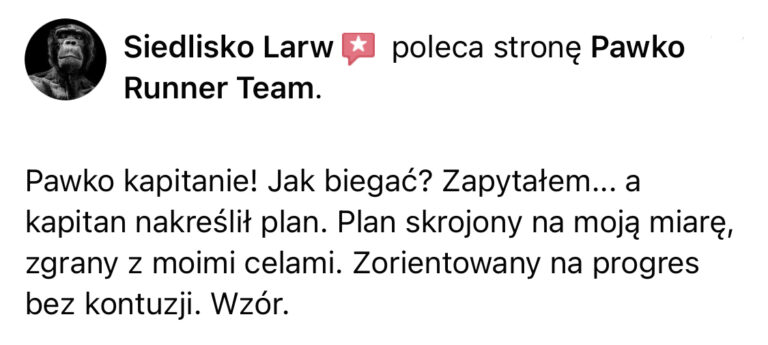 Opinia z Facebooka o treningach Pawko Runner Team
