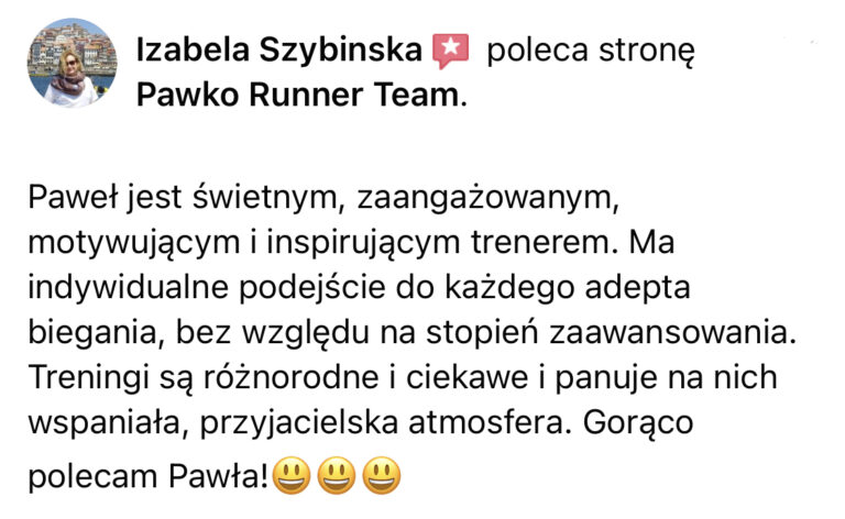 Opinia z Facebooka o treningach Pawko Runner Team