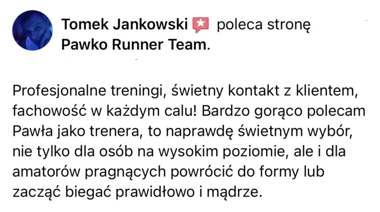Opinia z Facebooka o treningach Pawko Runner Team