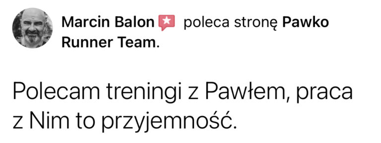 Opinia z Facebooka o treningach Pawko Runner Team