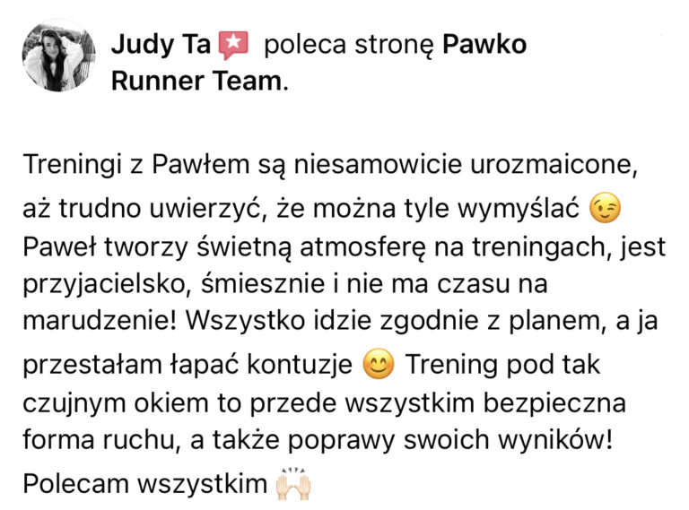 Opinia z Facebooka o treningach Pawko Runner Team
