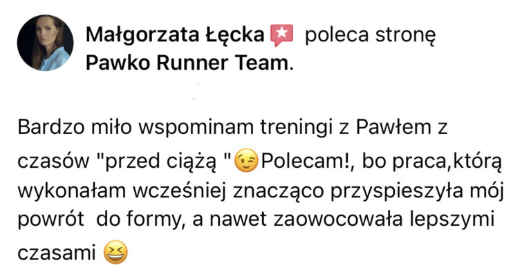 Opinia z Facebooka o treningach Pawko Runner Team