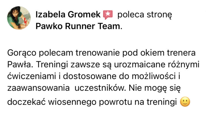 Opinia z Facebooka o treningach Pawko Runner Team