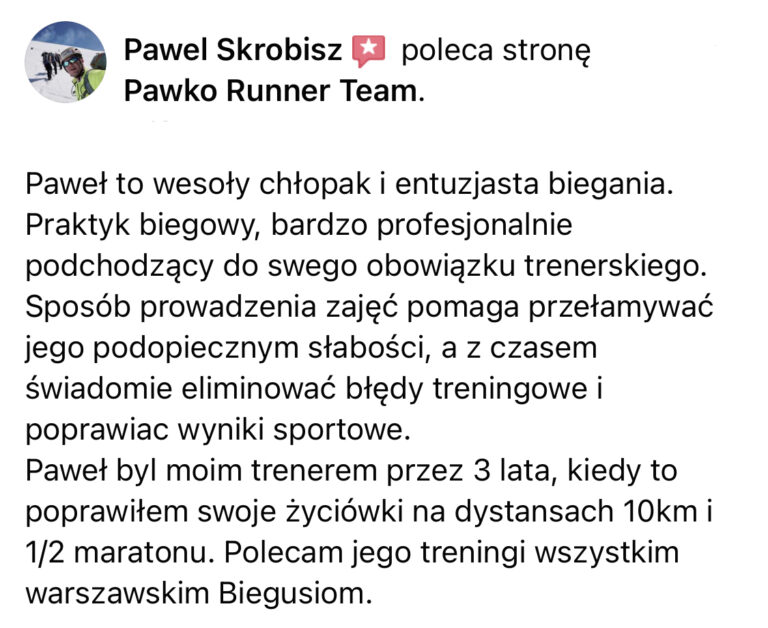 Opinia z Facebooka o treningach Pawko Runner Team