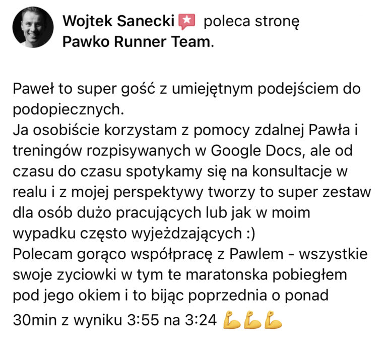 Opinia z Facebooka o treningach Pawko Runner Team