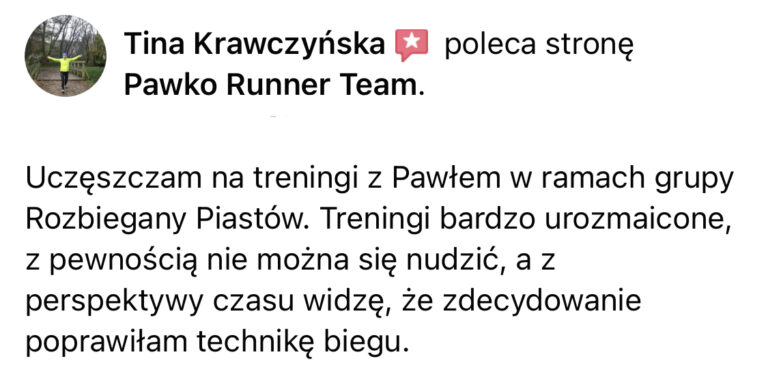 Opinia z Facebooka o treningach Pawko Runner Team