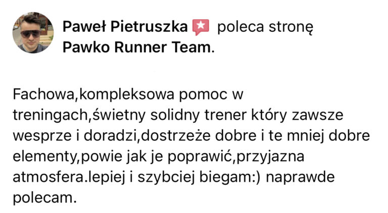Opinia z Facebooka o treningach Pawko Runner Team
