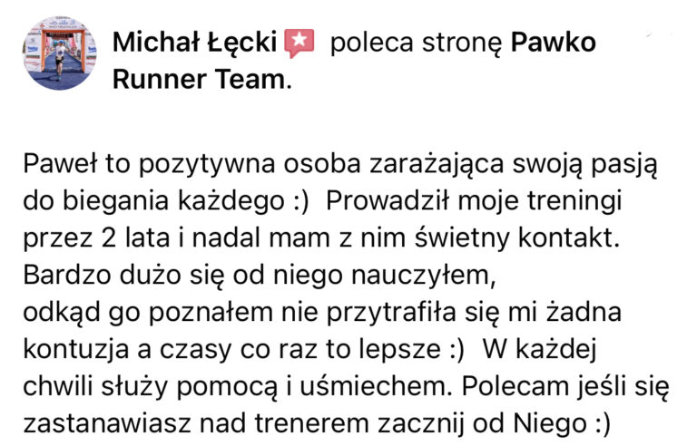 Opinia z Facebooka o treningach Pawko Runner Team
