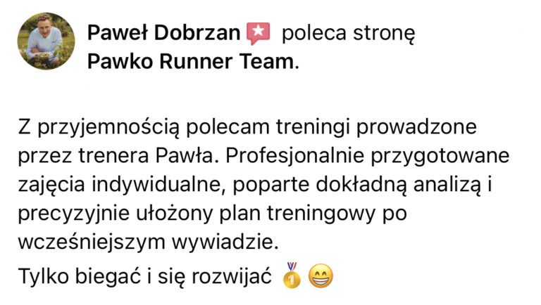 Opinia z Facebooka o treningach Pawko Runner Team
