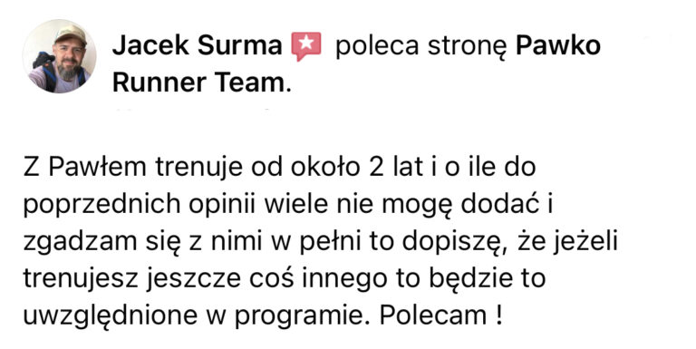 Opinia z Facebooka o treningach Pawko Runner Team