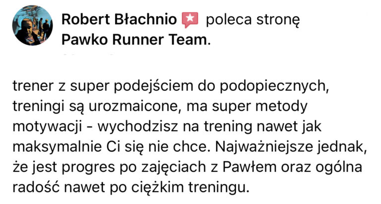 Opinia z Facebooka o treningach Pawko Runner Team