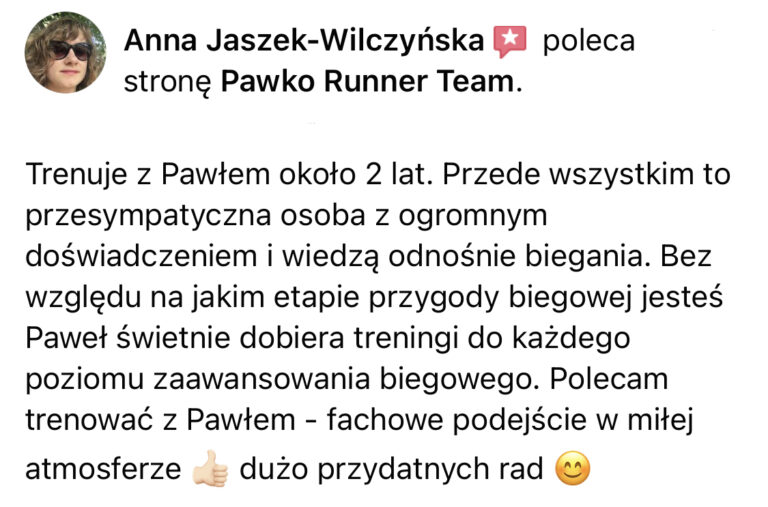 Opinia z Facebooka o treningach Pawko Runner Team