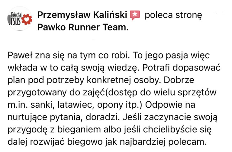 Opinia z Facebooka o treningach Pawko Runner Team