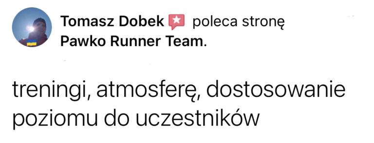Opinia z Facebooka o treningach Pawko Runner Team