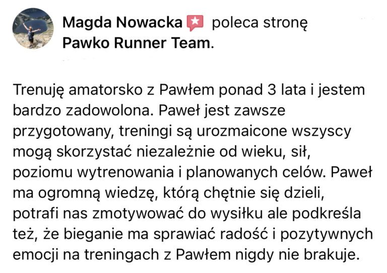 Opinia z Facebooka o treningach Pawko Runner Team