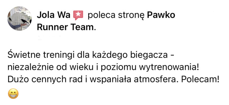 Opinia z Facebooka o treningach Pawko Runner Team